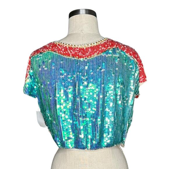 SEAN COMBS Sequined Multi Colorful Cropped Beaded Sequin Cardigan Sweater Medium - Picture 4 of 7